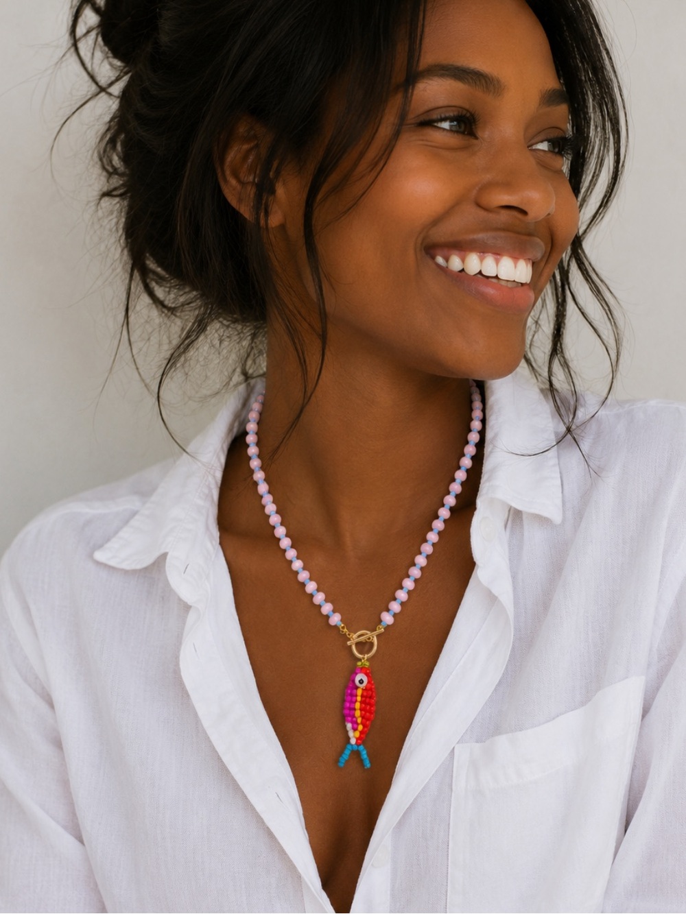New! Coastal Preppy Colorful Pink Beaded Fish Necklace NWOT 2016